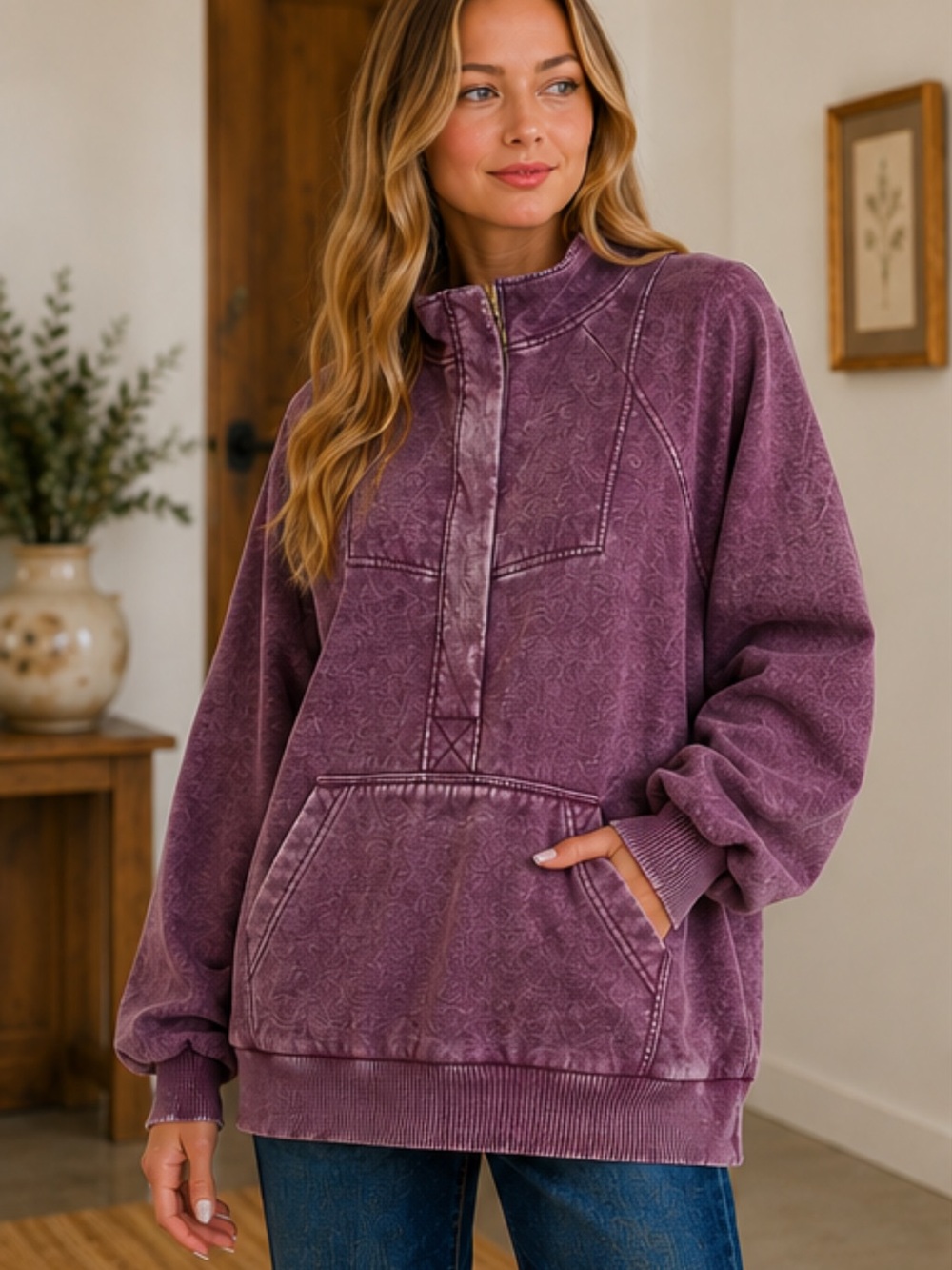 919. Women’s Eggplant Acid Washed Hooded Kangaroo Pocket Zip Sweatshirt NEW